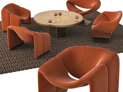 Modern Curved Design Round Table With Orange Chairs On Geometric Pattern Rug 3d model