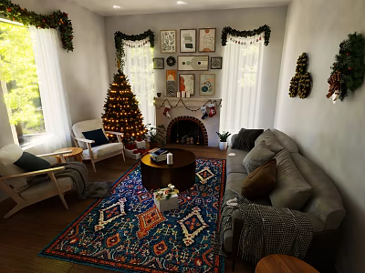 Decorated Living Room With Christmas Tree Fireplace Sofa And Area Rug 3d model
