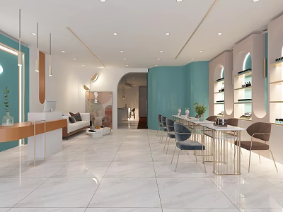 Modern Beauty Hair Salon Interior With Teal Wall White Marble Floor And Product Display Shelves 3d model