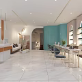 Modern Beauty Hair Salon Interior With Teal Wall White Marble Floor And Product Display Shelves