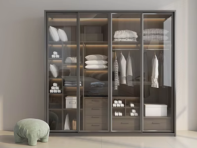 Modern Glass Door Wardrobe with Folded Clothes Hanging Garments and Drawers 3d model