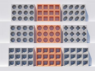 Building Components With Different Shapes Circular Square Hexagonal Holes And Gray Orange Colors 3d model