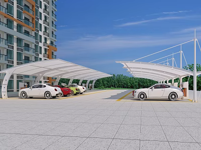 Carport Canopy Covering Modern Parking Lot with Cars Greenery Wind Turbines and High Rise Building 3d model
