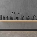 Modern Black Faucets Displayed On Shelf With Strip Light Against Gray Wall