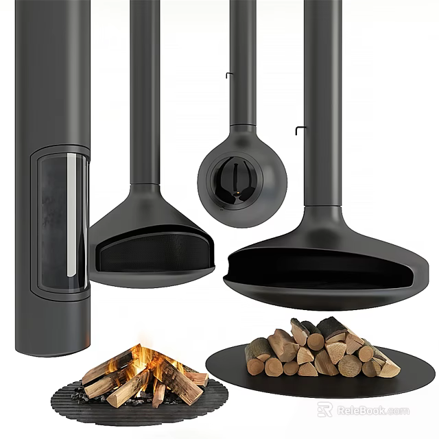 Modern Fireplace Design With Various Black Components And Burning Wood Logs 3d model