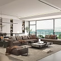 Modern Living Room Interior With Brown Sofa Glass Coffee Table Floor-to-Ceiling Windows And Green View