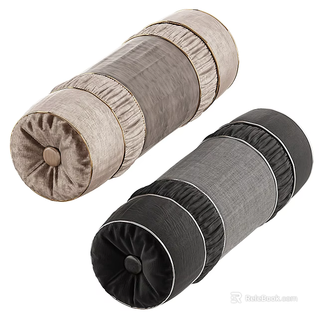 Cylindrical Beige and Black Pillows with Striped Design Soft Fabric and Decorative Button 3d model 