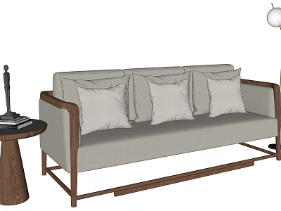 Light Gray Multi Person Sofa With Wooden Frame Three Cushions And Side Table 3d model