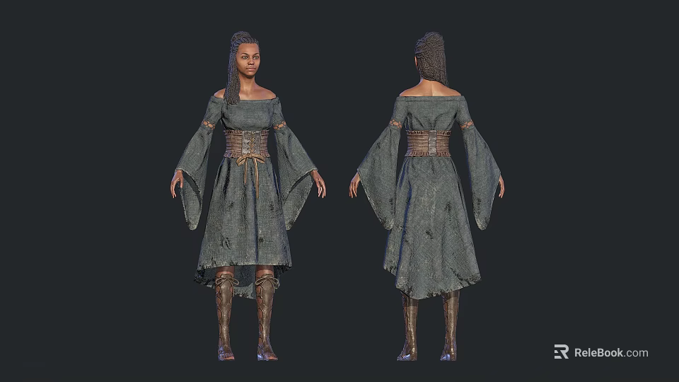 Woman with braided hair in medieval tattered gray dress long sleeves leather belt and boots 3d model 
