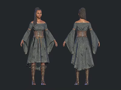 Woman with braided hair in medieval tattered gray dress long sleeves leather belt and boots 3d model