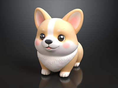 Cute Yellow White Corgi Doll With Big Ears Round Eyes Blush Cheeks Shiny Surface 3d model
