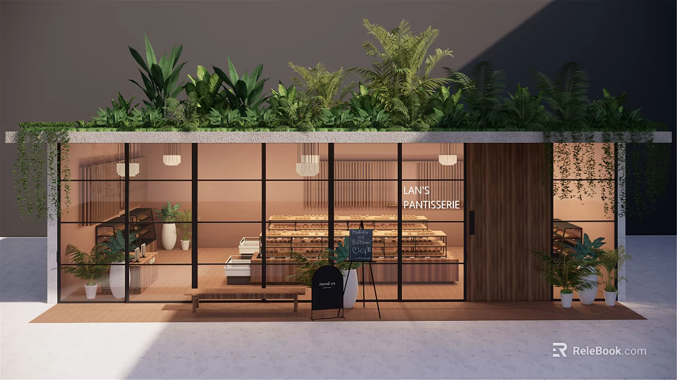 Bakery Patisserie Shop with Large Glass Windows Green Plants Top Wooden Bench Bread 3d model 