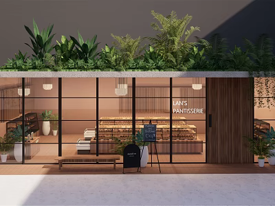 Bakery Patisserie Shop with Large Glass Windows Green Plants Top Wooden Bench Bread 3d model