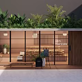 Bakery Patisserie Shop with Large Glass Windows Green Plants Top Wooden Bench Bread