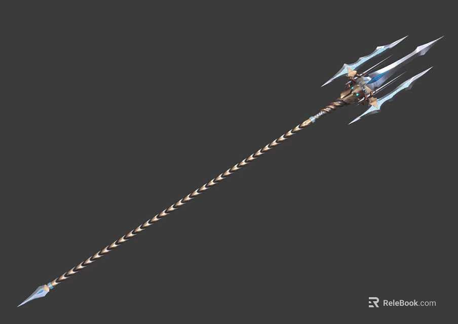 Ornate Decorative Spear Featuring Metal Spearhead Carved Shaft And Silver Blue Accents 3d model 