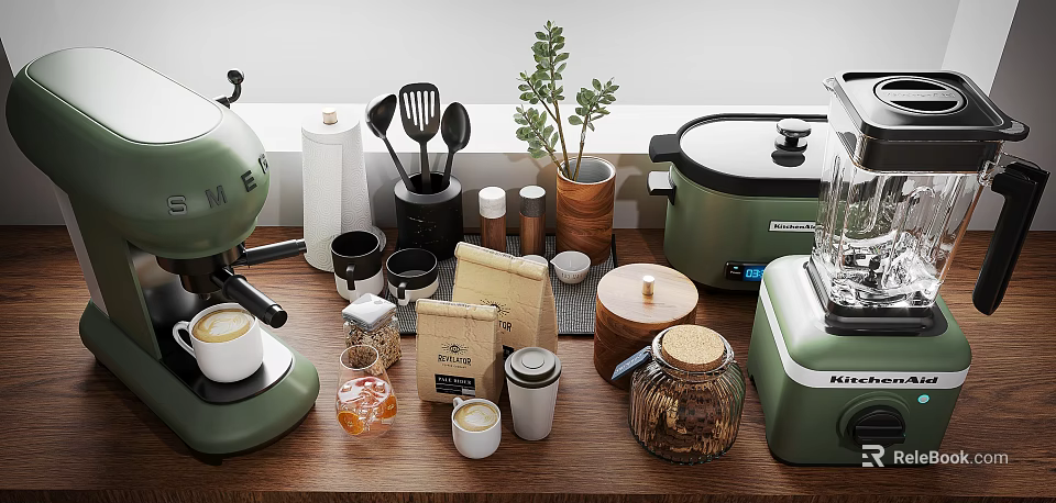 Modern Green Kitchen Appliances With Coffee Maker Blender Storage Jars And Plants On Wooden Countertop 3d model 