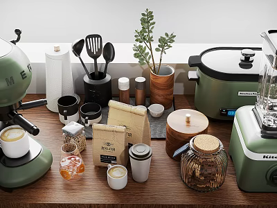 Modern Green Kitchen Appliances With Coffee Maker Blender Storage Jars And Plants On Wooden Countertop 3d model