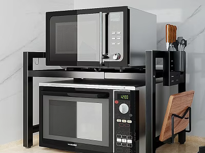 Black Microwave Ovens On Kitchen Storage Rack With Knives And Cutting Board 3d model