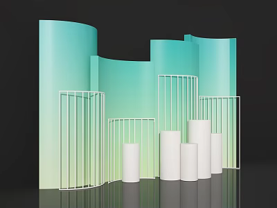 Exhibition Display Wall with Turquoise Gradient Curved Panels and White Metal Frames with Cylindrical Podiums 3d model