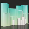 Exhibition Display Wall with Turquoise Gradient Curved Panels and White Metal Frames with Cylindrical Podiums