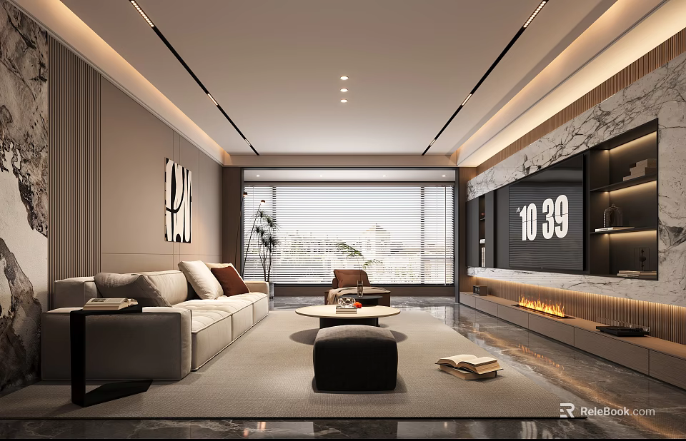 Modern Living Room Interior With Beige Sofa Coffee Table TV Wall And Decorative Art 3d model 