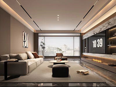 Modern Living Room Interior With Beige Sofa Coffee Table TV Wall And Decorative Art 3d model