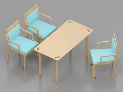 Light Wood Dining Table With Blue Cushioned Chairs Modern Home Furniture Set 3d model