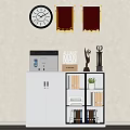 White Office File Cabinet With Printer Trophies Folders Small Plant And Wall Clock Banners