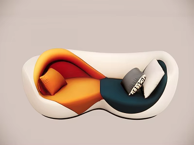 Unique Curved Shape Sofa Featuring Orange Blue White Sections And Soft Pillows 3d model