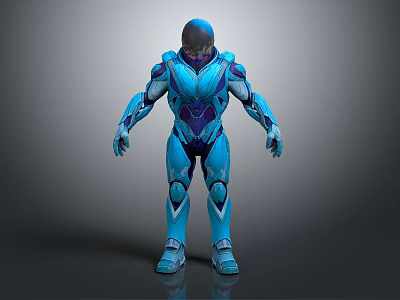 Armored Sci Fi Character In Blue Exoskeleton Suit With Futuristic 3D Render 3d model