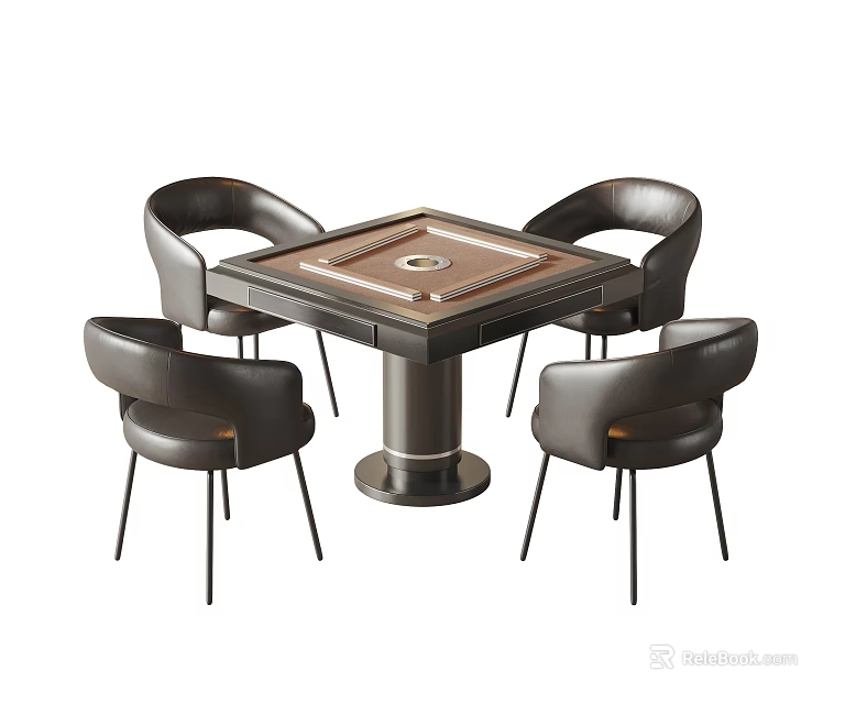 Modern Black Entertainment Table With Four Leather Chairs Curved Backrest And Metal Base 3d model 
