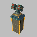 Futuristic Weapon Structure With Dual Barrel Design And Square Green Yellow Accents