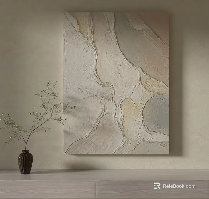 Textured Abstract Painting On Minimalist Wall With Ceramic Vase And Green Plant 3d model 