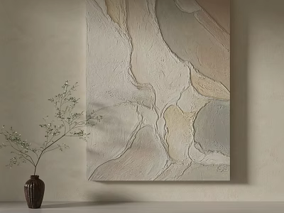 Textured Abstract Painting On Minimalist Wall With Ceramic Vase And Green Plant 3d model