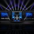 Elegant Tech Summit Stage With Purple Lighting Screens Global Map And Hello World 3d model