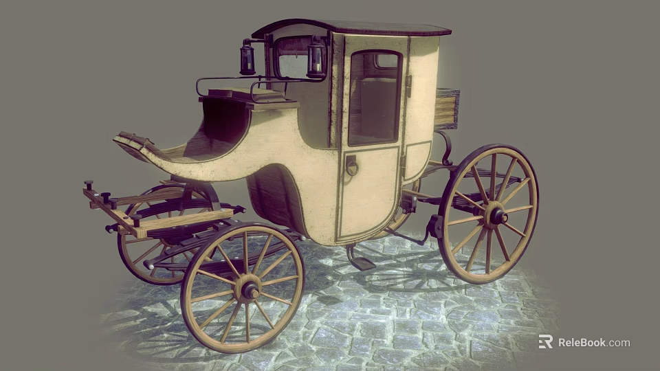 Vintage Wooden Horse Drawn Carriage With Spoked Wheels On Stone Pavement 3d model 