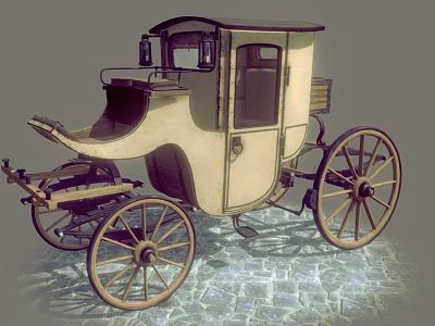 Vintage Wooden Horse Drawn Carriage With Spoked Wheels On Stone Pavement 3d model