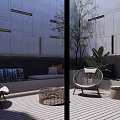 Modern Courtyard Garden Design With Wicker Chairs Wooden Deck And Green Plants