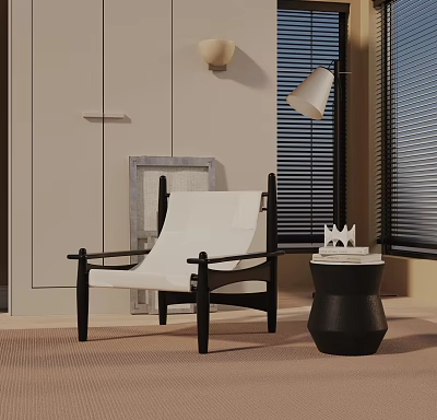 White Leisure Chair With Black Frame And Side Table In Modern Stylish Living Room 3d model