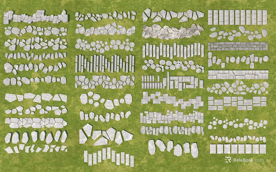 Garden Landscape With Various Natural Stone Paving Patterns On Green Grass Surface 3d model