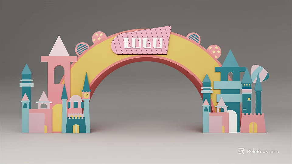 Colorful Archway with LOGO Yellow Arc Pink Blue Castle Elements and Small Dot Decorations 3d model 