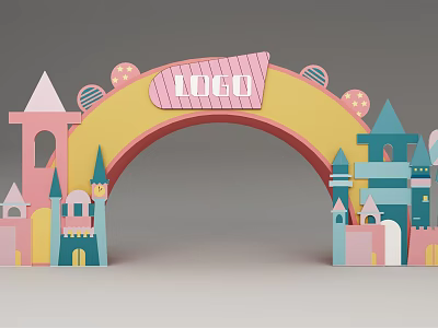 Colorful Archway with LOGO Yellow Arc Pink Blue Castle Elements and Small Dot Decorations 3d model
