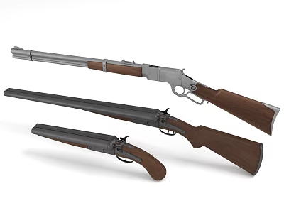 Three Vintage Rifles With Wooden Stocks And Metal Barrels 3d model