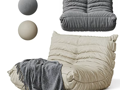 Comfortable Beige And Gray Bean Bag Chair With Soft Throw Blanket Design 3d model