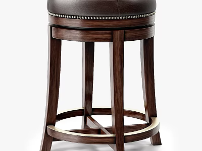 Classic Wooden Bar Stool With Dark Leather Seat And Rivet Detailing 3d model
