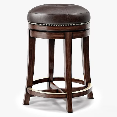 Classic Wooden Bar Stool With Dark Leather Seat And Rivet Detailing 3d model