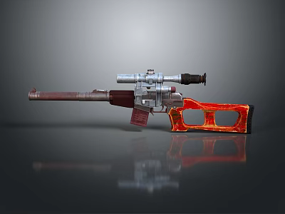 Detailed Metallic Weapon Rifle With Scope And Red Orange Accents On Reflective Surface 3d model