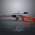 Detailed Metallic Weapon Rifle With Scope And Red Orange Accents On Reflective Surface