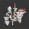 Floating Islands 3D Model With White Rock Structures Green Plants And Red Buildings 3d model