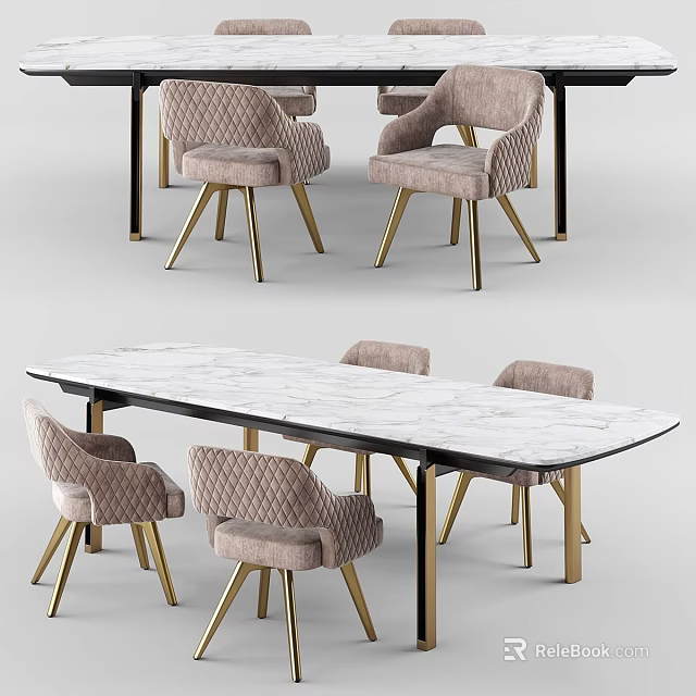Modern Dining Table And Chairs Set With Marble Top And Gold Legs 3d model